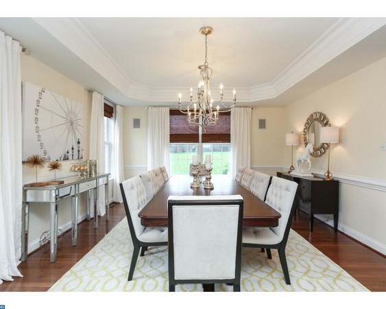 Dining room with wood floors, tray ceiling and chair rail